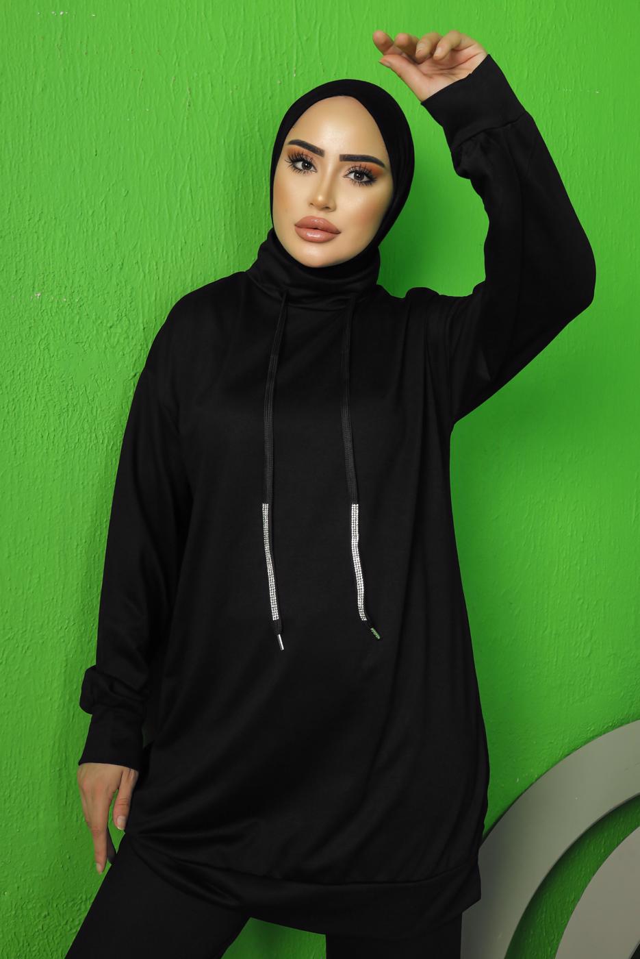 Tesettür giyim SİYAH BAĞCIK DETAYLI PANTOLONLU EŞOFMAN TAKIM T 0143