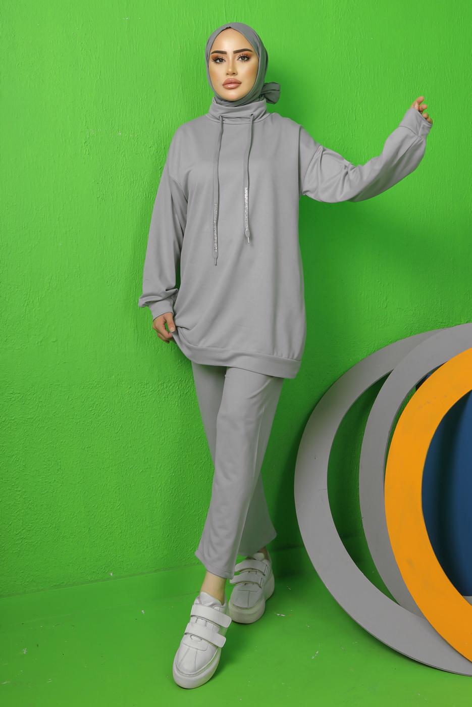 Tesettür giyim GRİ BAĞCIK DETAYLI PANTOLONLU EŞOFMAN TAKIM T 0143
