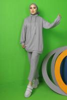 Tesettür giyim GRİ BAĞCIK DETAYLI PANTOLONLU EŞOFMAN TAKIM T 0143