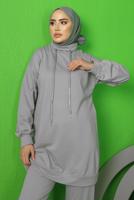 Tesettür giyim GRİ BAĞCIK DETAYLI PANTOLONLU EŞOFMAN TAKIM T 0143