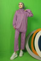 Tesettür giyim MOR BAĞCIK DETAYLI PANTOLONLU EŞOFMAN TAKIM T 0143