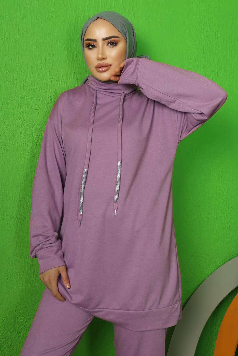 Tesettür giyim MOR BAĞCIK DETAYLI PANTOLONLU EŞOFMAN TAKIM T 0143