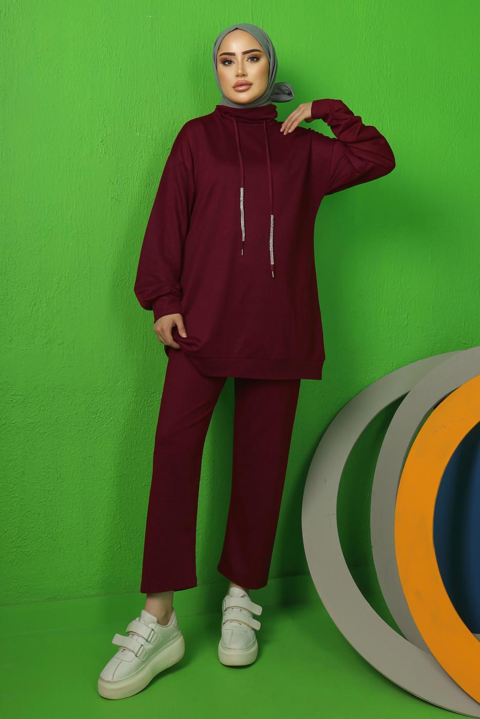 Tesettür giyim BORDO BAĞCIK DETAYLI PANTOLONLU EŞOFMAN TAKIM T 0143