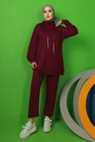 Tesettür giyim BORDO BAĞCIK DETAYLI PANTOLONLU EŞOFMAN TAKIM T 0143