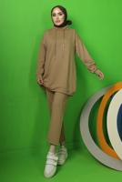 Tesettür giyim KAHVE BAĞCIK DETAYLI PANTOLONLU EŞOFMAN TAKIM T 0143