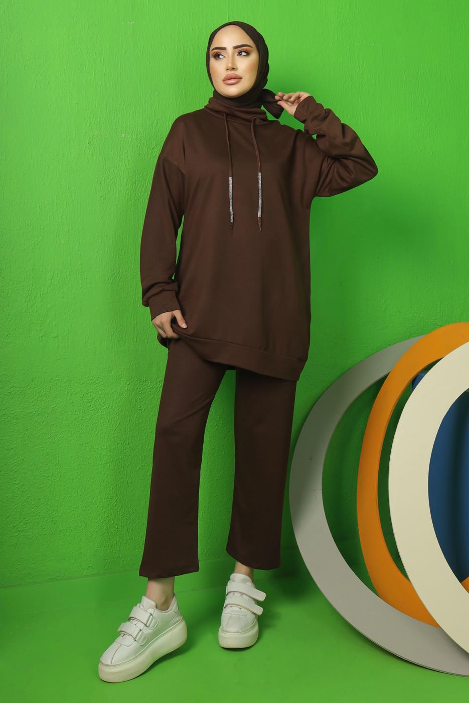 Tesettür giyim KAHVE BAĞCIK DETAYLI PANTOLONLU EŞOFMAN TAKIM T 0143