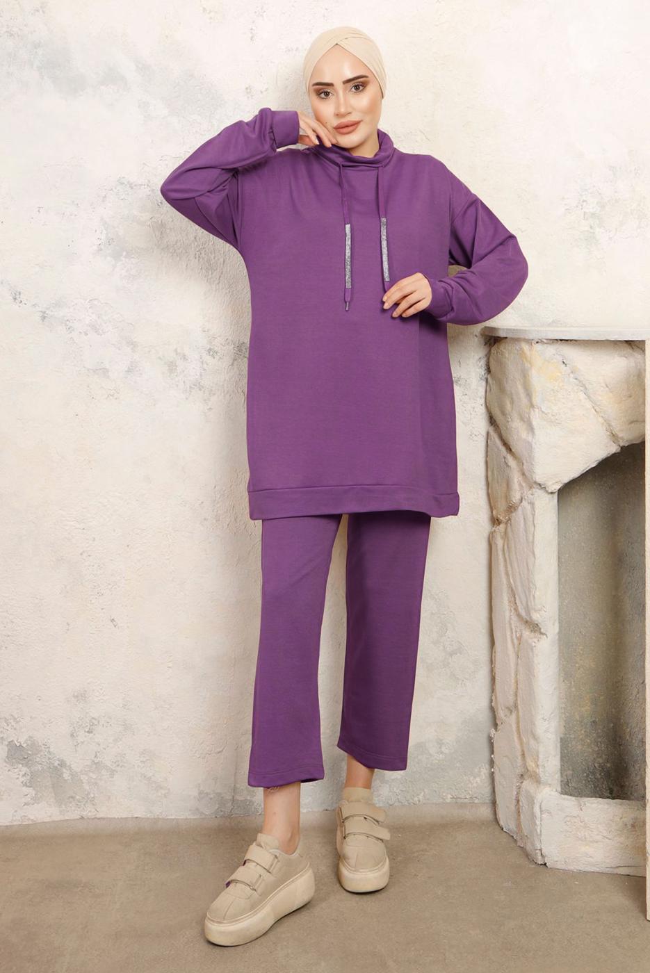 Tesettür giyim MÜRDÜM BAĞCIK DETAYLI PANTOLONLU EŞOFMAN TAKIM T 0143