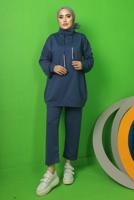 Tesettür giyim LACİVERT BAĞCIK DETAYLI PANTOLONLU EŞOFMAN TAKIM T 0143