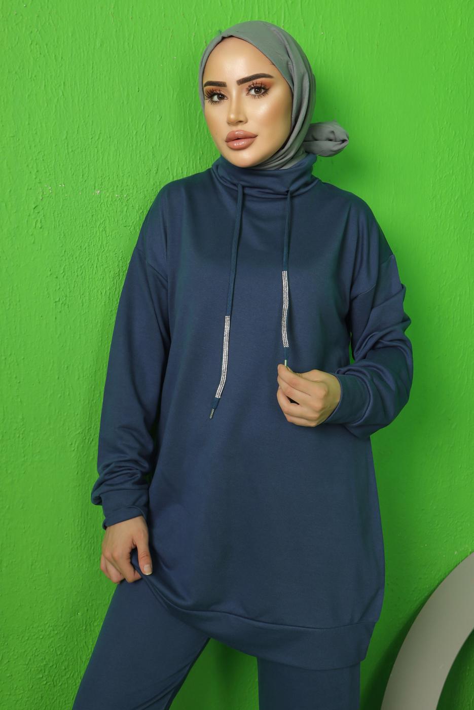 Tesettür giyim LACİVERT BAĞCIK DETAYLI PANTOLONLU EŞOFMAN TAKIM T 0143