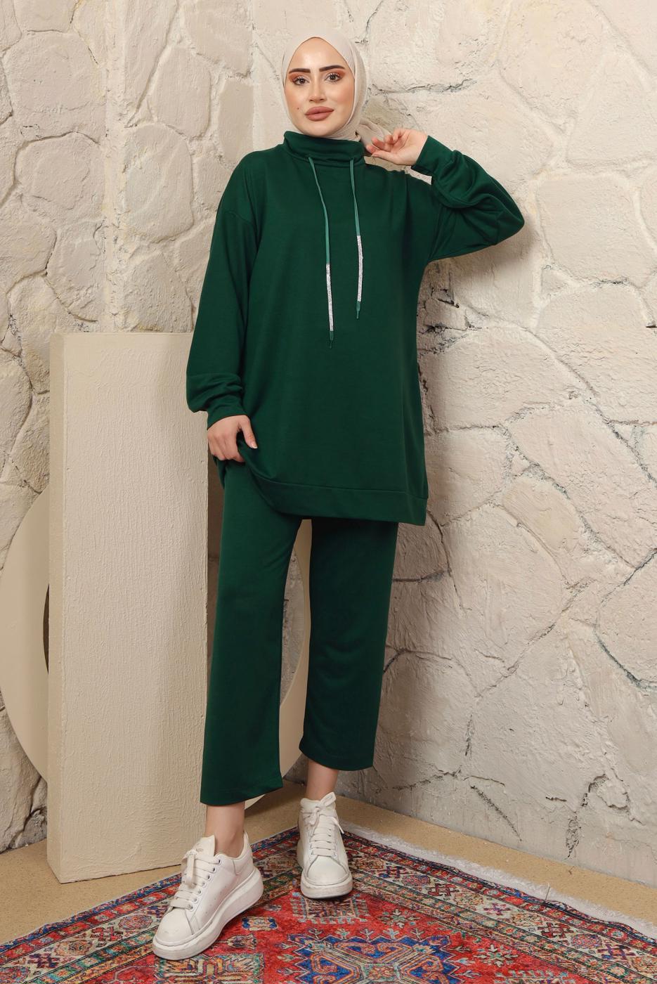 Tesettür giyim YEŞİL BAĞCIK DETAYLI PANTOLONLU EŞOFMAN TAKIM T 0143