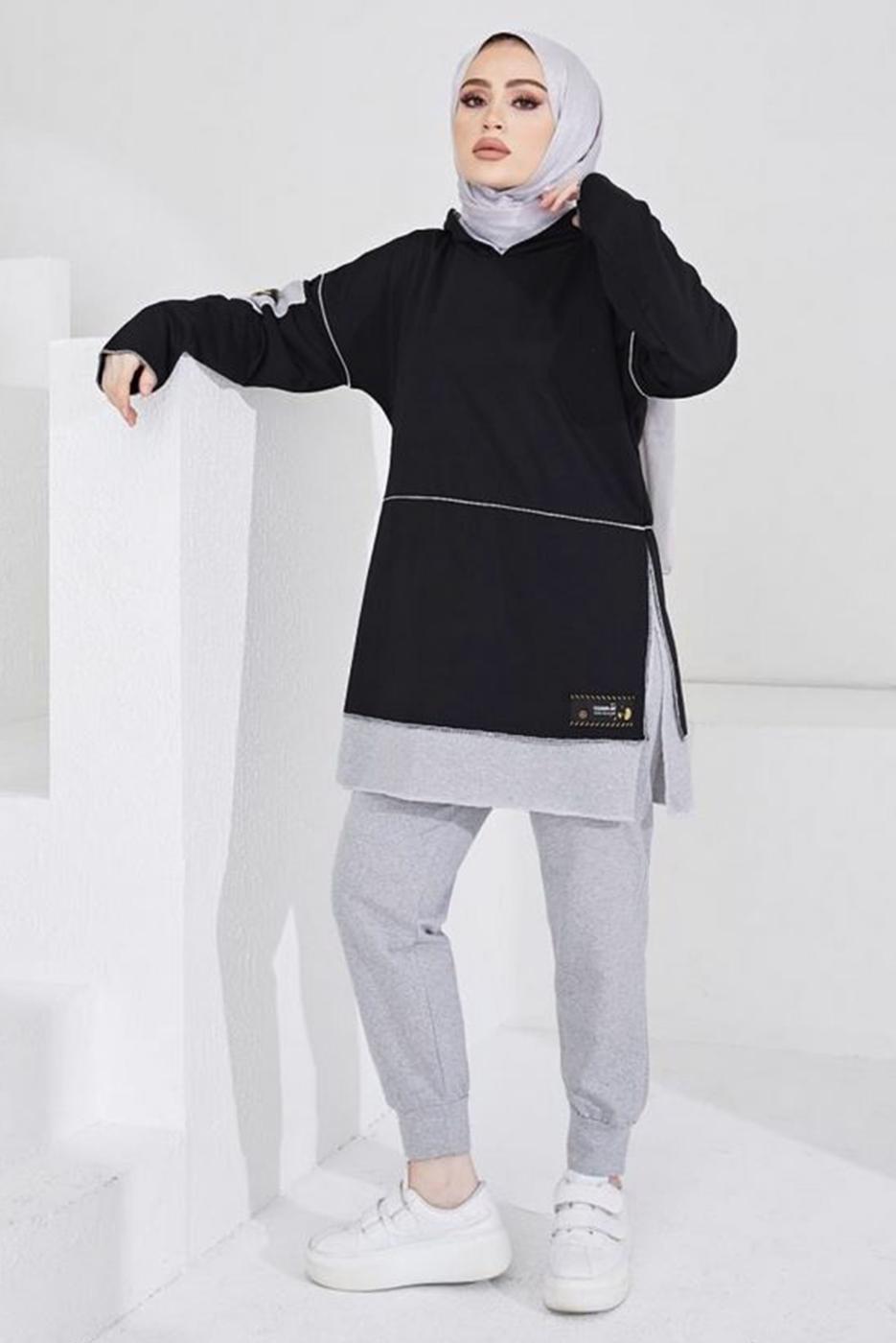 Tesettür giyim SİYAH KAPÜŞONLU PANTOLONLU TAKIM T 203