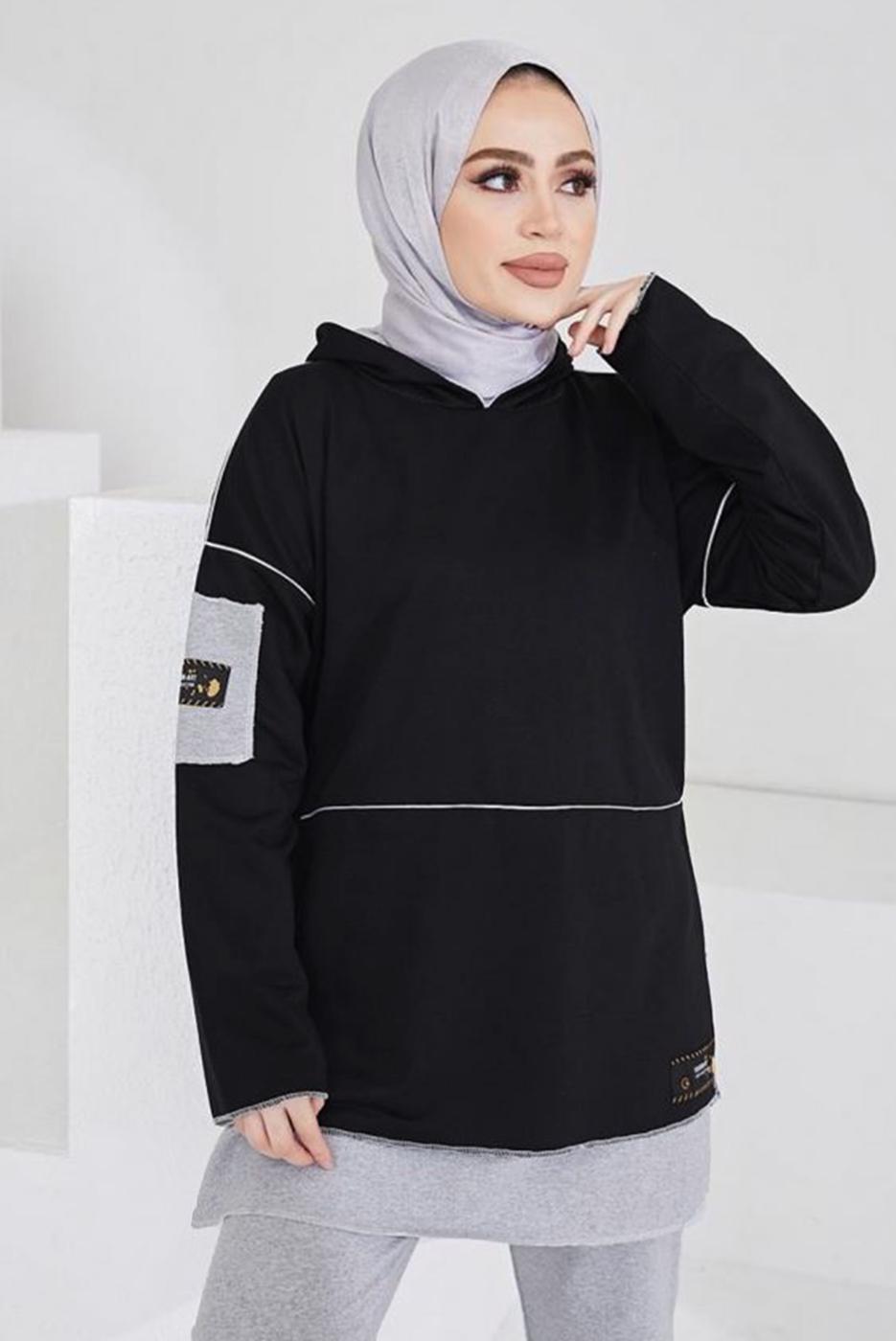 Tesettür giyim SİYAH KAPÜŞONLU PANTOLONLU TAKIM T 203