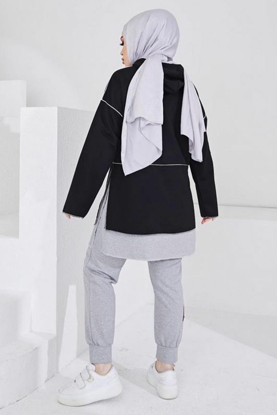 Tesettür giyim SİYAH KAPÜŞONLU PANTOLONLU TAKIM T 203