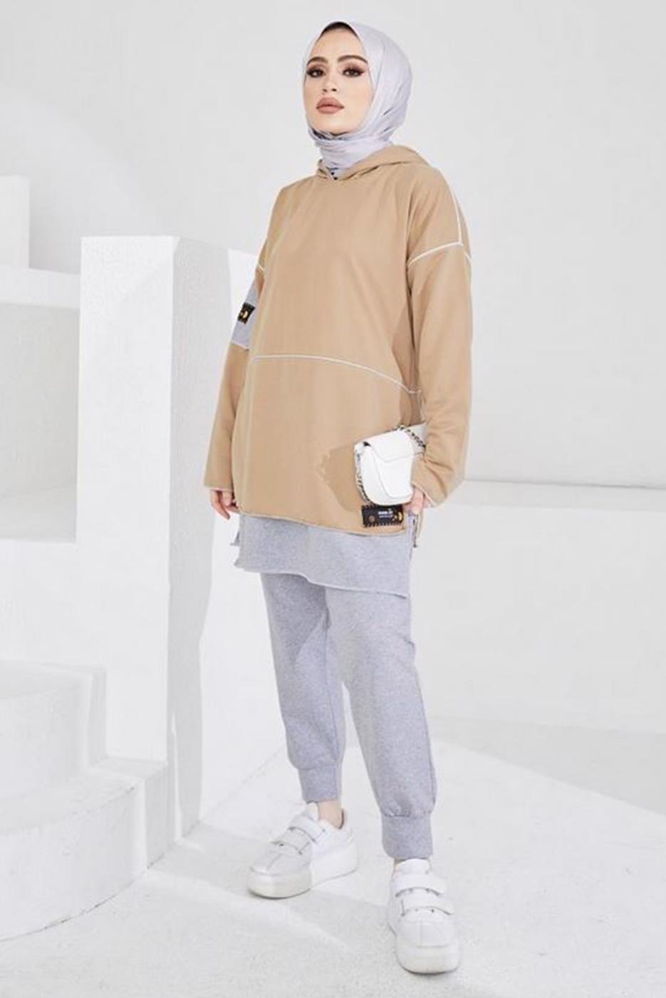 Tesettür giyim KAHVE KAPÜŞONLU PANTOLONLU TAKIM T 203