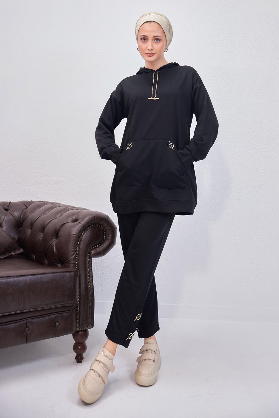 Tesettür giyim SİYAH KAPÜŞONLU PANTOLONLU TAKIM T 0253