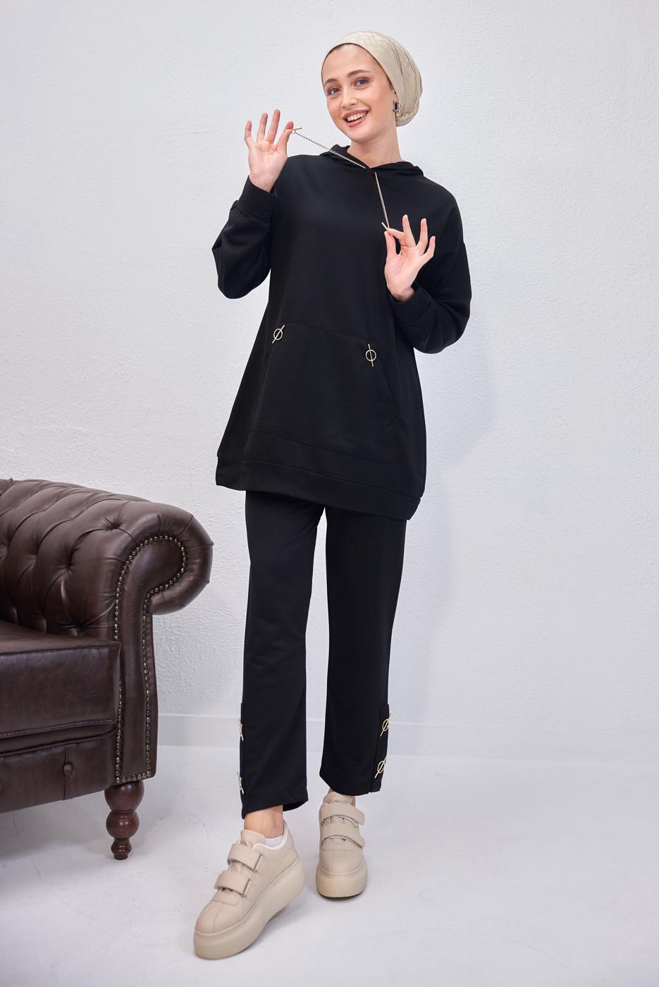 Tesettür giyim SİYAH KAPÜŞONLU PANTOLONLU TAKIM T 0253