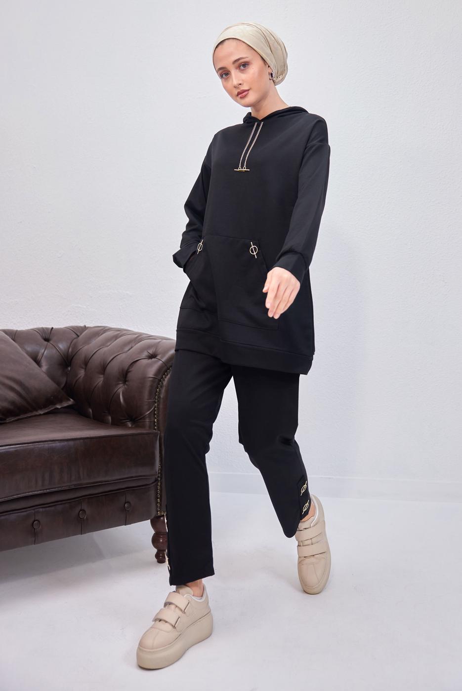 Tesettür giyim SİYAH KAPÜŞONLU PANTOLONLU TAKIM T 0253