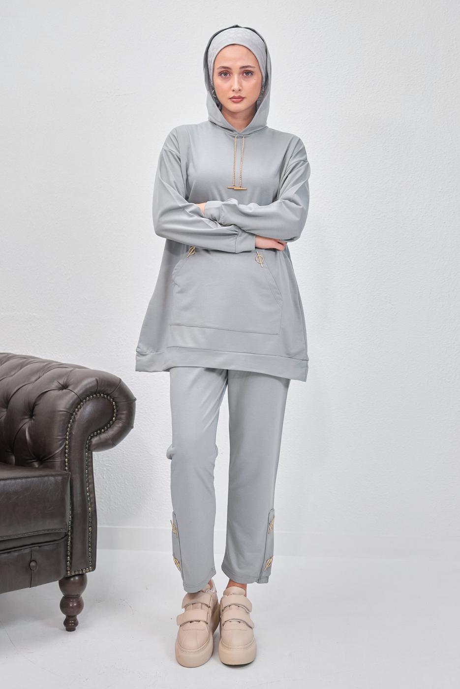 Tesettür giyim GRİ KAPÜŞONLU PANTOLONLU TAKIM T 0253