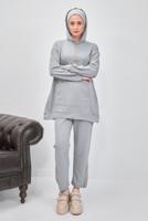 Tesettür giyim GRİ KAPÜŞONLU PANTOLONLU TAKIM T 0253