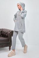 Tesettür giyim GRİ KAPÜŞONLU PANTOLONLU TAKIM T 0253