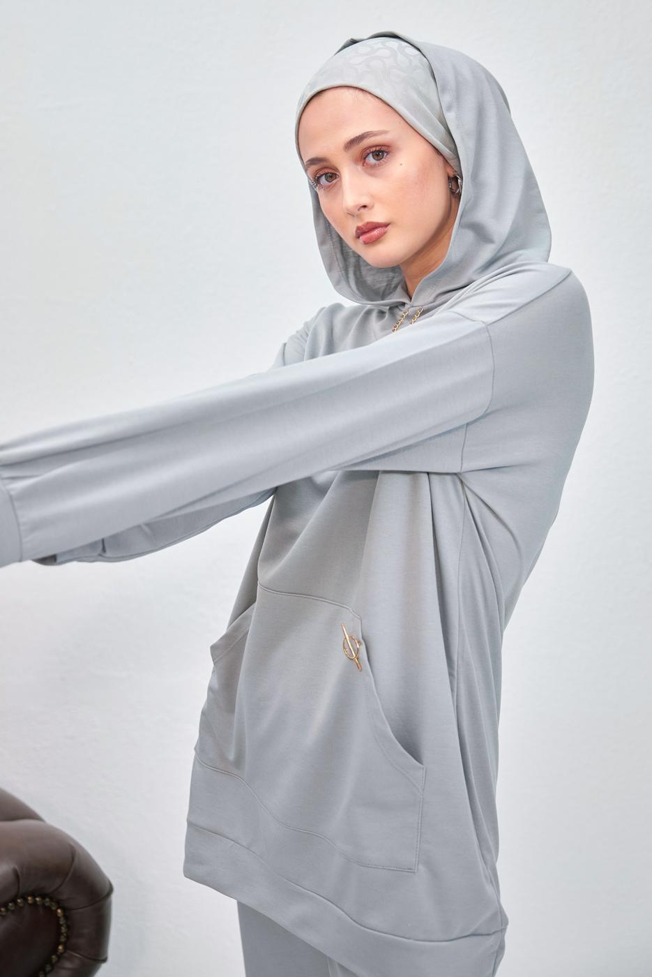 Tesettür giyim GRİ KAPÜŞONLU PANTOLONLU TAKIM T 0253