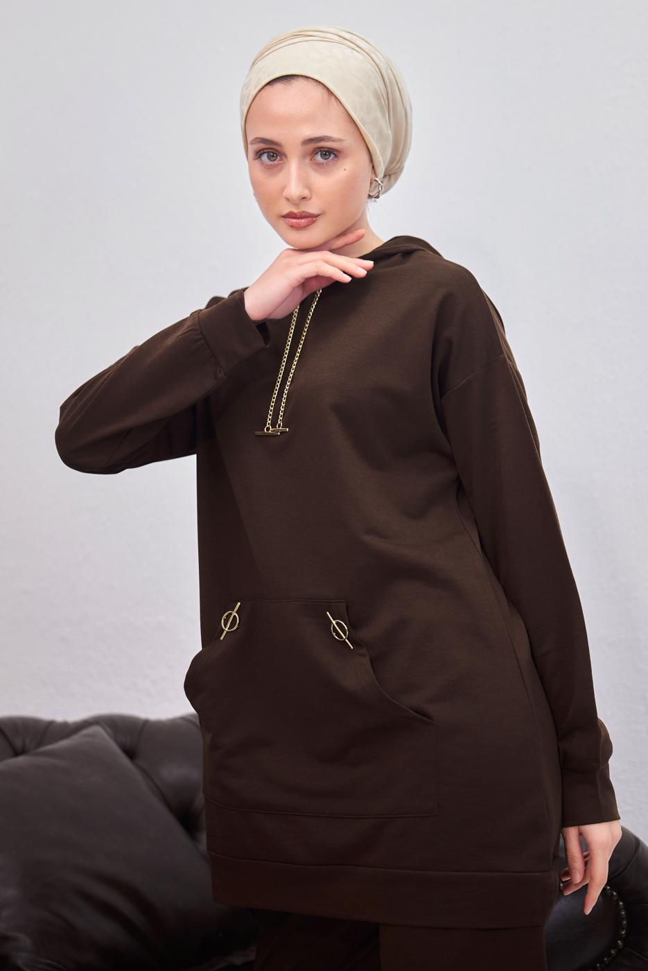 Tesettür giyim KAHVE KAPÜŞONLU PANTOLONLU TAKIM T 0253