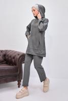 Tesettür giyim GRİ KAPÜŞONLU PANTOLONLU TAKIM T 0253