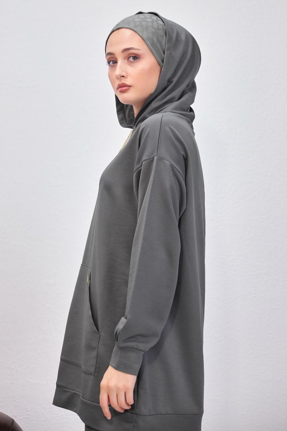 Tesettür giyim GRİ KAPÜŞONLU PANTOLONLU TAKIM T 0253