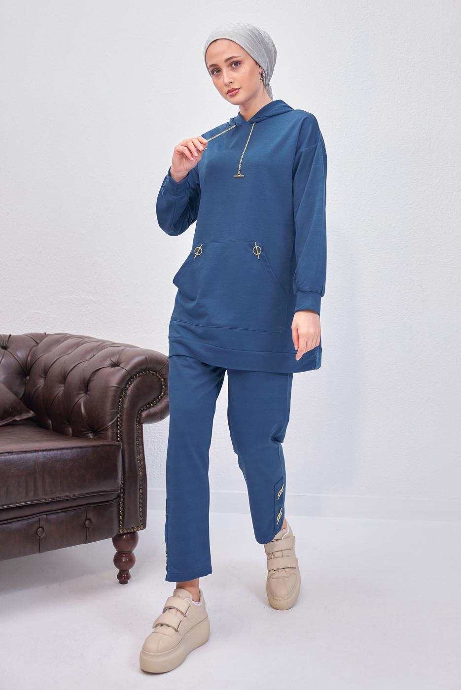 Tesettür giyim LACİVERT KAPÜŞONLU PANTOLONLU TAKIM T 0253