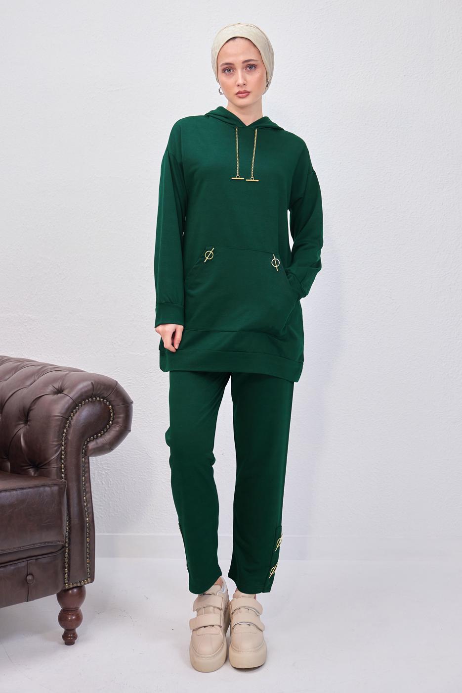 Tesettür giyim YEŞİL KAPÜŞONLU PANTOLONLU TAKIM T 0253