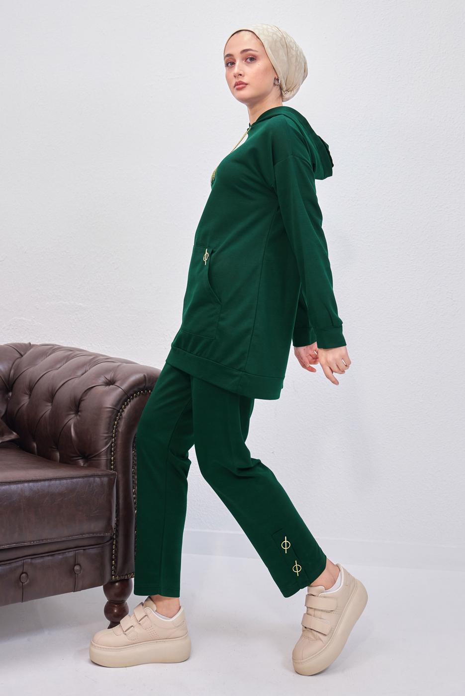 Tesettür giyim YEŞİL KAPÜŞONLU PANTOLONLU TAKIM T 0253