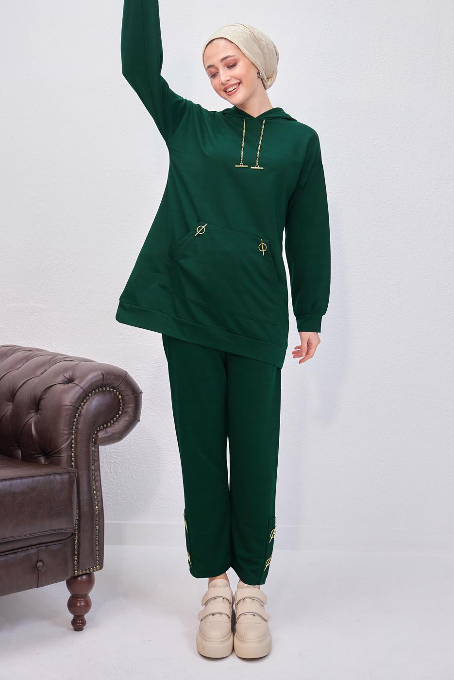 Tesettür giyim YEŞİL KAPÜŞONLU PANTOLONLU TAKIM T 0253