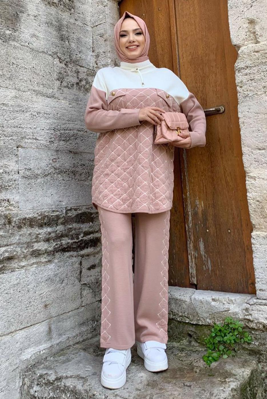Tesettür giyim PUDRA TRİKO PANTOLONLU TAKIM T 0316