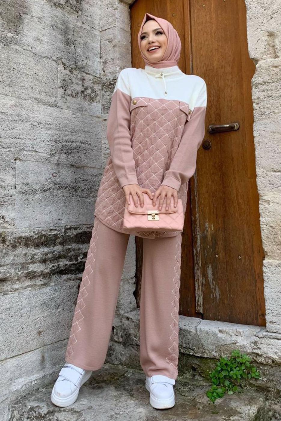 Tesettür giyim PUDRA TRİKO PANTOLONLU TAKIM T 0316
