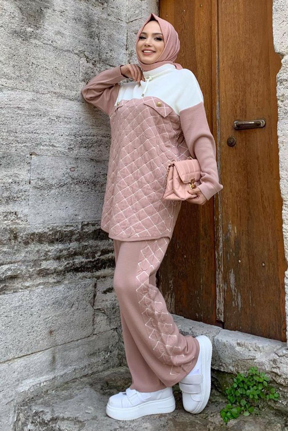 Tesettür giyim PUDRA TRİKO PANTOLONLU TAKIM T 0316