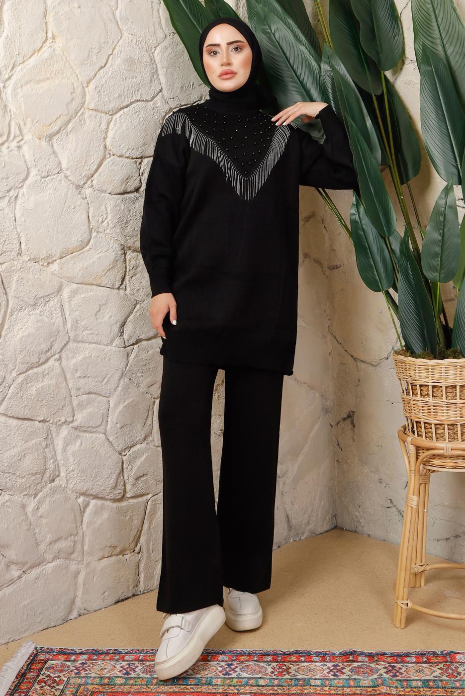 Tesettür giyim SİYAH ZİNCİR DETAYLI PANTOLONLU TRİKO TAKIM T 0408