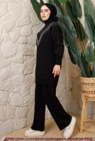 Tesettür giyim SİYAH ZİNCİR DETAYLI PANTOLONLU TRİKO TAKIM T 0408