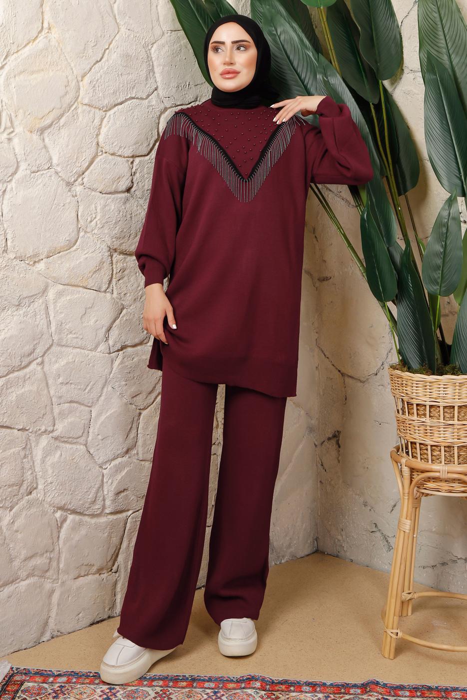 Tesettür giyim BORDO ZİNCİR DETAYLI PANTOLONLU TRİKO TAKIM T 0408