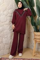 Tesettür giyim BORDO ZİNCİR DETAYLI PANTOLONLU TRİKO TAKIM T 0408