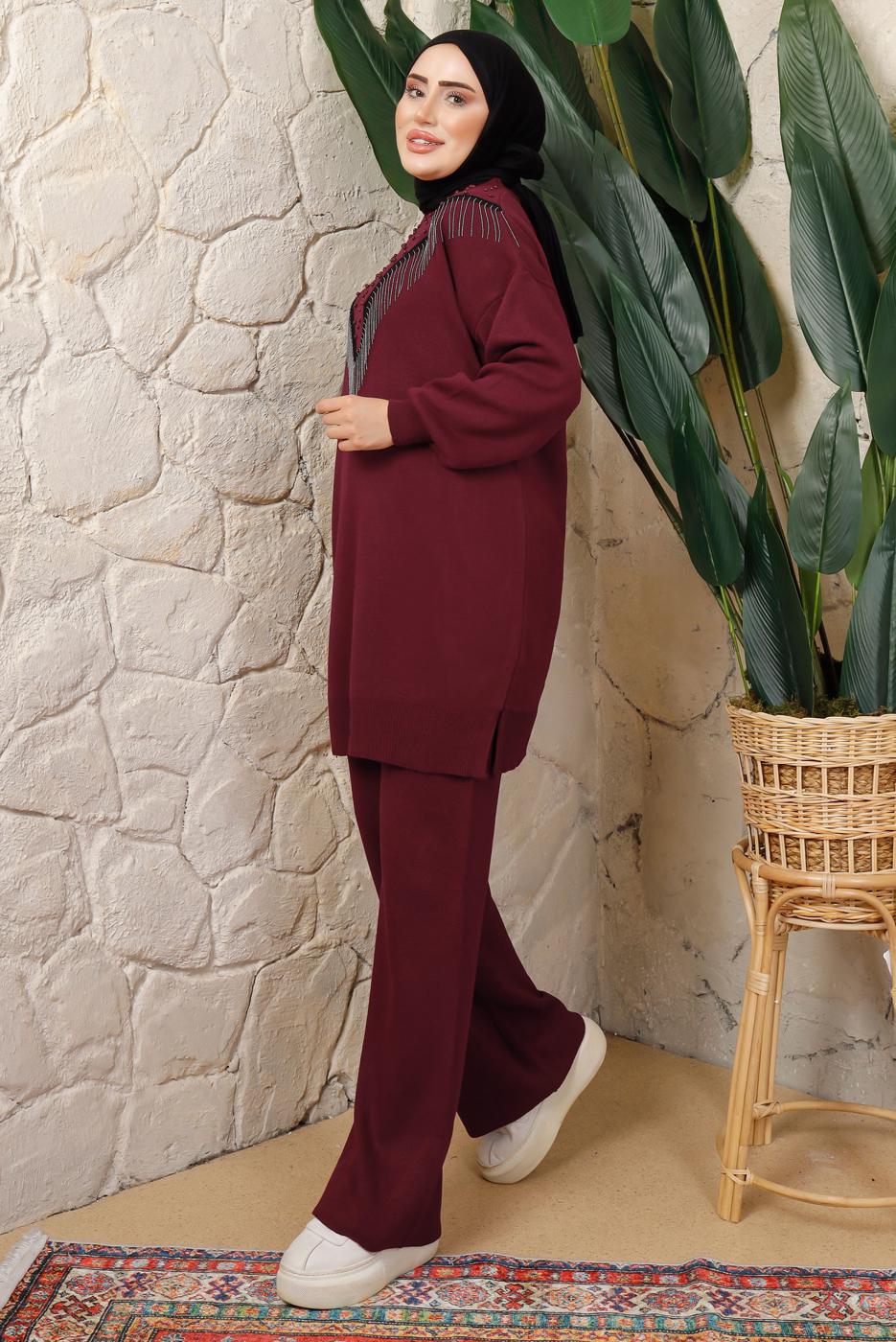 Tesettür giyim BORDO ZİNCİR DETAYLI PANTOLONLU TRİKO TAKIM T 0408