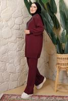 Tesettür giyim BORDO ZİNCİR DETAYLI PANTOLONLU TRİKO TAKIM T 0408