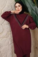 Tesettür giyim BORDO ZİNCİR DETAYLI PANTOLONLU TRİKO TAKIM T 0408