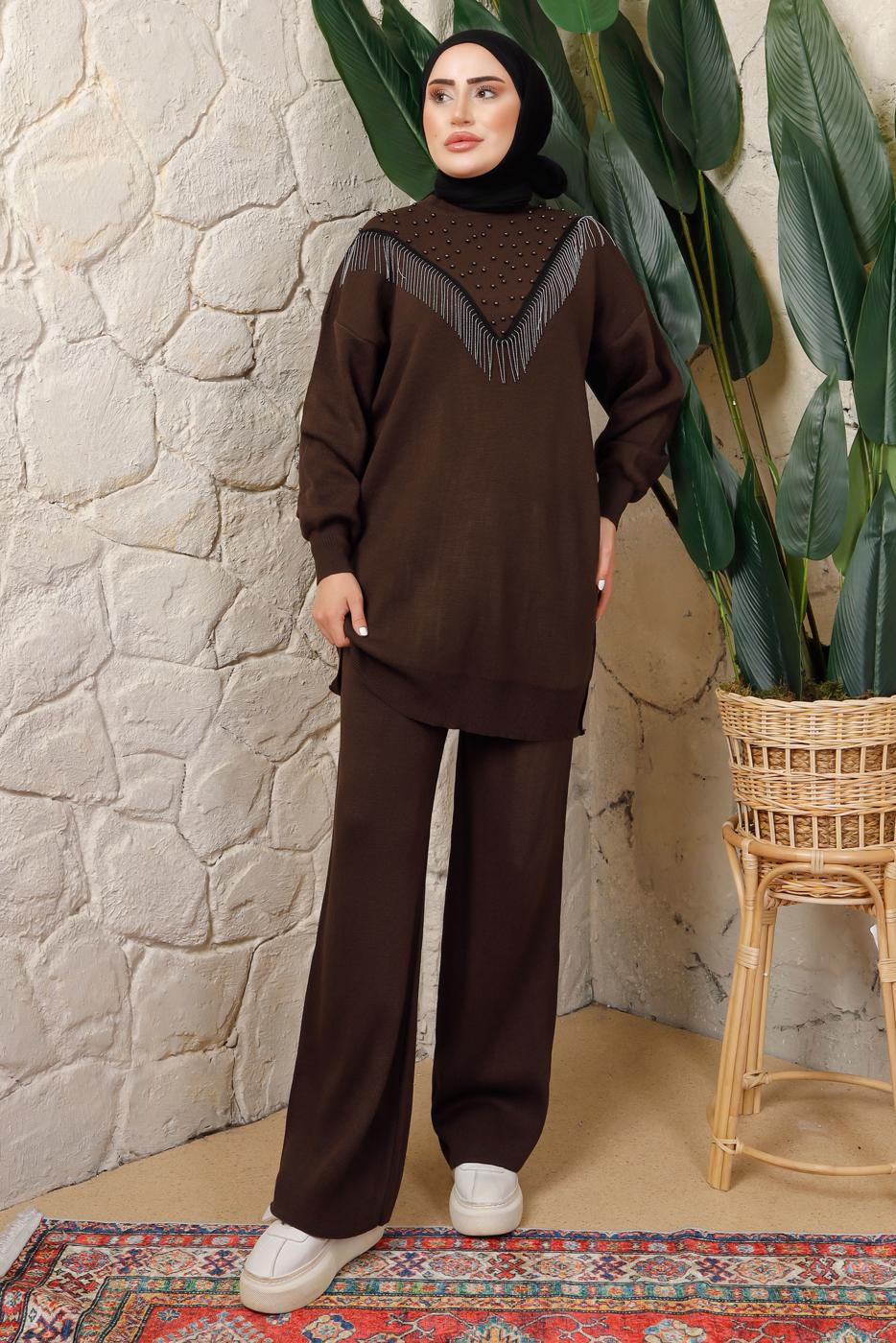Tesettür giyim KAHVE ZİNCİR DETAYLI PANTOLONLU TRİKO TAKIM T 0408