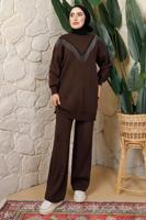 Tesettür giyim KAHVE ZİNCİR DETAYLI PANTOLONLU TRİKO TAKIM T 0408