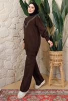Tesettür giyim KAHVE ZİNCİR DETAYLI PANTOLONLU TRİKO TAKIM T 0408