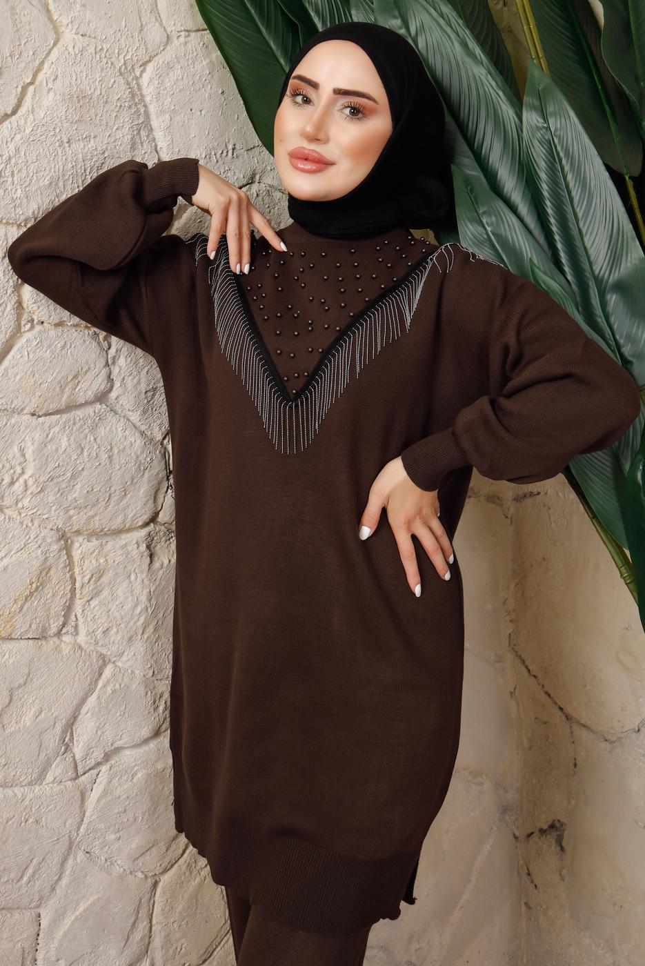 Tesettür giyim KAHVE ZİNCİR DETAYLI PANTOLONLU TRİKO TAKIM T 0408