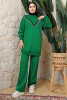 Tesettür giyim YEŞİL ZİNCİR DETAYLI PANTOLONLU TRİKO TAKIM T 0408