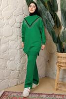 Tesettür giyim YEŞİL ZİNCİR DETAYLI PANTOLONLU TRİKO TAKIM T 0408