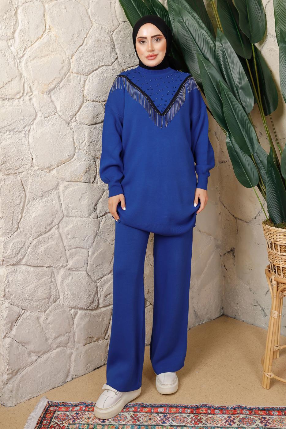 Tesettür giyim LACİVERT ZİNCİR DETAYLI PANTOLONLU TRİKO TAKIM T 0408