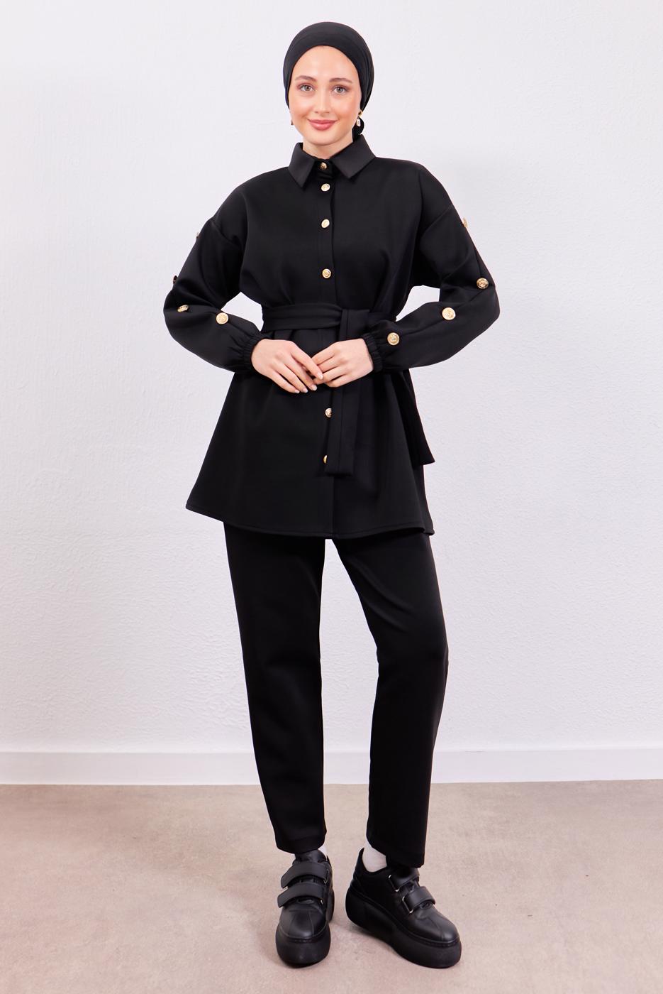 Tesettür giyim SİYAH KUŞAKLI SCUBA PANTOLONLU TAKIM T 0453